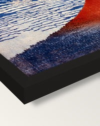 Red Fuji by Katsushika Hokusai framed print, corner close-up: black moulding, mitred, the print set just below its edge