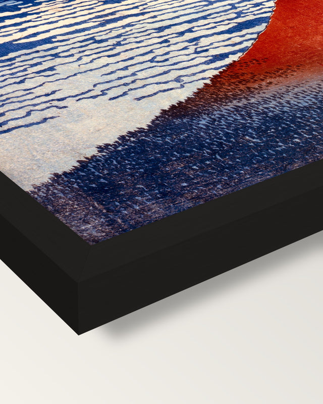 Red Fuji by Katsushika Hokusai framed print, corner close-up: black moulding, mitred, the print set just below its edge