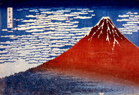 Fine Wind, Clear Morning by Hokusai: Mount Fuji in deep red under a blue sky of small white clouds, dark forest below