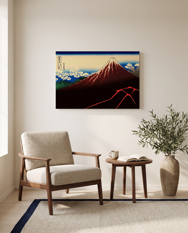 Thunderstorm Beneath the Summit by Katsushika Hokusai as a stretched canvas above a linen lounge chair in a reading corner
