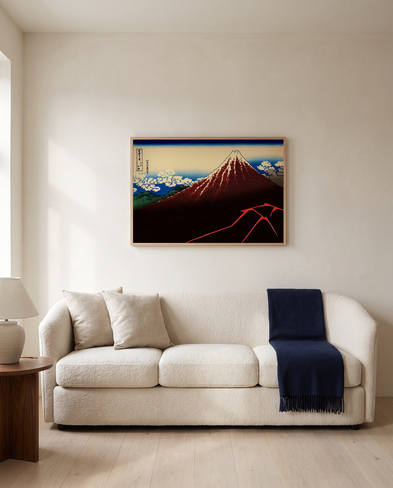 Thunderstorm Beneath the Summit by Katsushika Hokusai framed in natural oak above a cream sofa in a warm living room