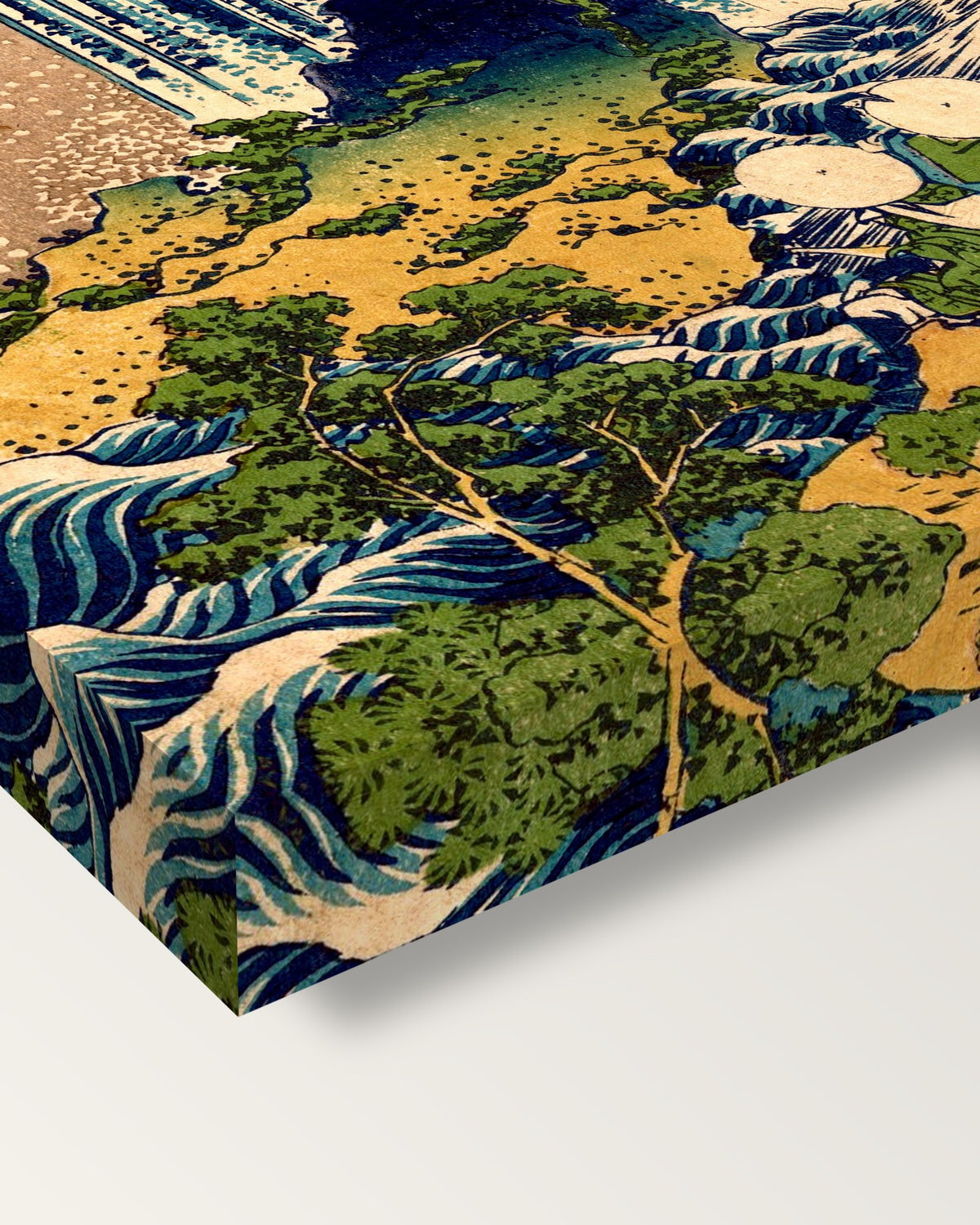 Yōrō Waterfall by Katsushika Hokusai on stretched canvas, corner close-up: the painting mirror-wrapped round the sides