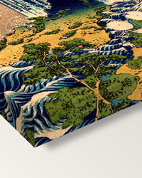 Yōrō Waterfall by Katsushika Hokusai on stretched canvas, corner close-up: the painting mirror-wrapped round the sides
