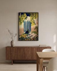Yōrō Waterfall by Katsushika Hokusai in a black frame above a walnut sideboard in a dining room