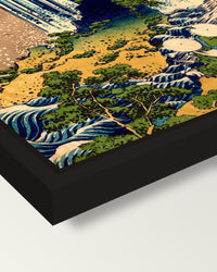 Yōrō Waterfall by Hokusai framed canvas, corner close-up: a black floating frame with a shadow gap round the canvas