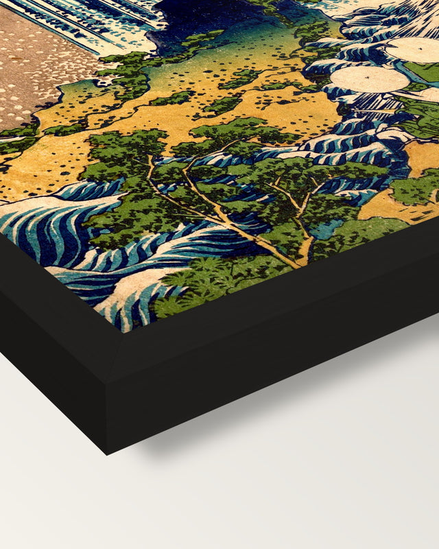 Yōrō Waterfall by Katsushika Hokusai framed print, corner close-up: black moulding, mitred, the print set just below its edge