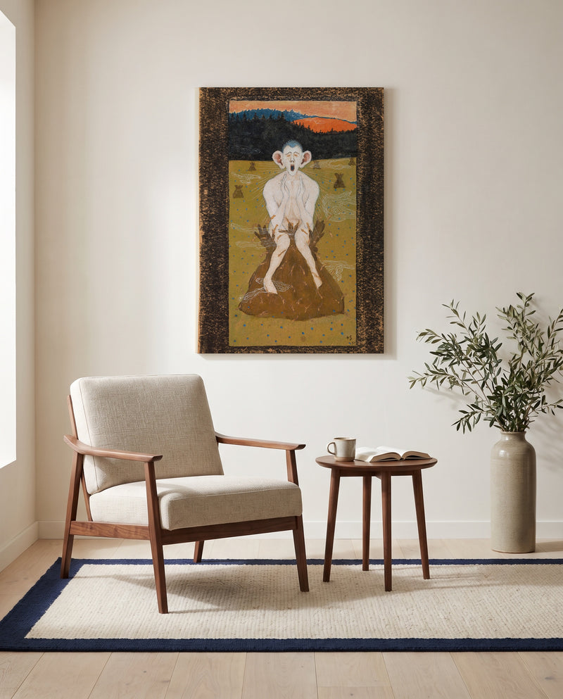 Frost by Hugo Simberg as a stretched canvas above a linen lounge chair in a reading corner