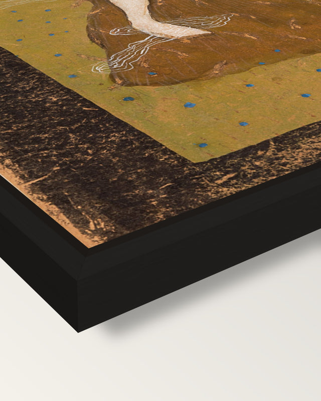 Frost by Hugo Simberg framed canvas, corner close-up: a black floating frame with a shadow gap round the canvas