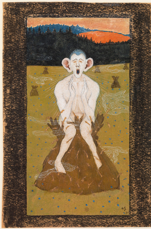 Frost by Hugo Simberg: a pale big-eared spirit sits on a sheaf of grain blowing cold air over a field under an orange sky