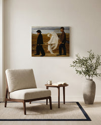 The Wounded Angel by Hugo Simberg as a stretched canvas above a linen lounge chair in a reading corner