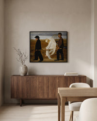 The Wounded Angel by Hugo Simberg in a black frame above a walnut sideboard in a dining room