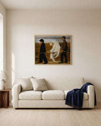 The Wounded Angel by Hugo Simberg framed in natural oak above a cream sofa in a warm living room