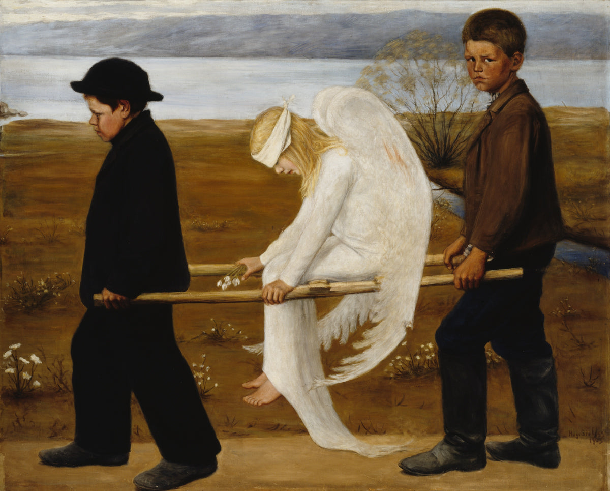 The Wounded Angel by Hugo Simberg: two boys carry a white-winged angel with a bandaged head on a stretcher by a bay