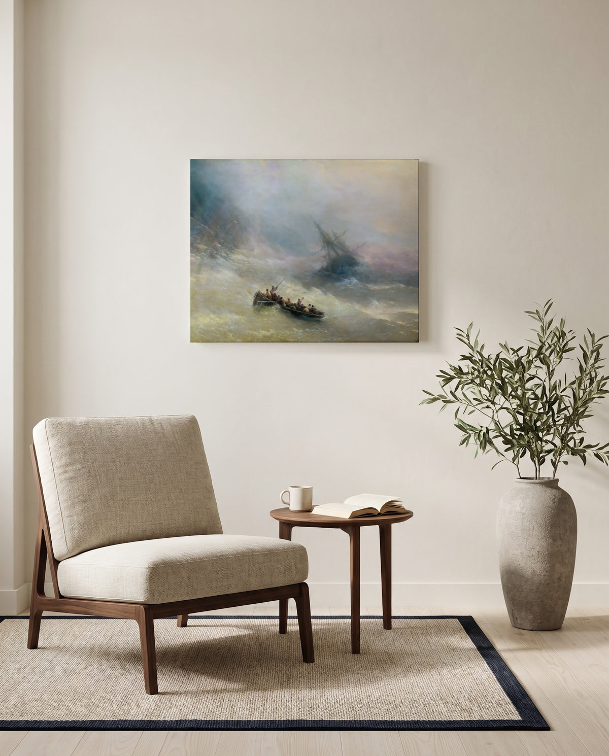 Rainbow by Ivan Aivazovsky as a stretched canvas above a linen lounge chair in a reading corner
