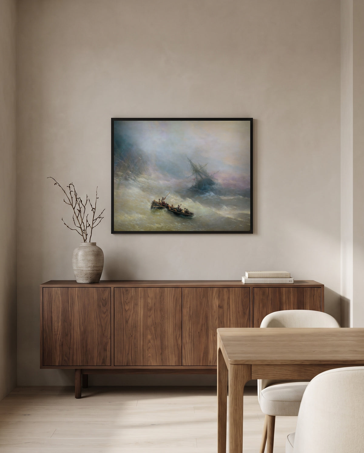 Rainbow by Ivan Aivazovsky in a black frame above a walnut sideboard in a dining room
