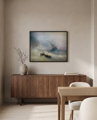 Rainbow by Ivan Aivazovsky in a black frame above a walnut sideboard in a dining room