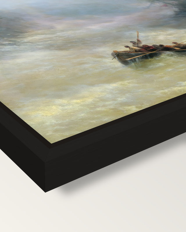 Rainbow by Ivan Aivazovsky framed canvas, corner close-up: a black floating frame with a shadow gap round the canvas