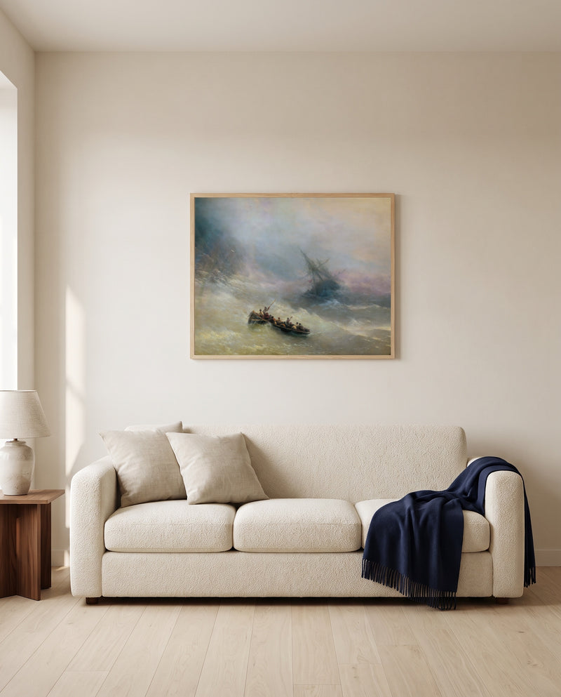 Rainbow by Ivan Aivazovsky framed in natural oak above a cream sofa in a warm living room