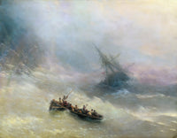 Rainbow by Ivan Aivazovsky: sailors in a rowing boat on a stormy sea near a sinking ship, a faint rainbow in the misty light