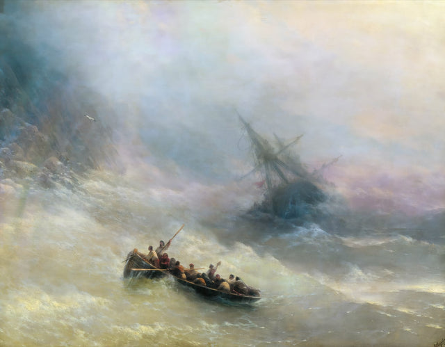 Rainbow by Ivan Aivazovsky: sailors in a rowing boat on a stormy sea near a sinking ship, a faint rainbow in the misty light