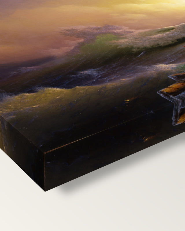 The Ninth Wave by Ivan Aivazovsky on stretched canvas, corner close-up: the painting mirror-wrapped round the sides