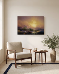 The Ninth Wave by Ivan Aivazovsky as a stretched canvas above a linen lounge chair in a reading corner