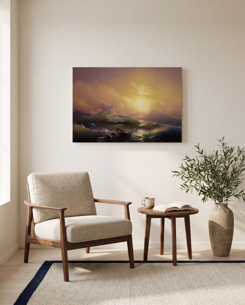 The Ninth Wave by Ivan Aivazovsky as a stretched canvas above a linen lounge chair in a reading corner
