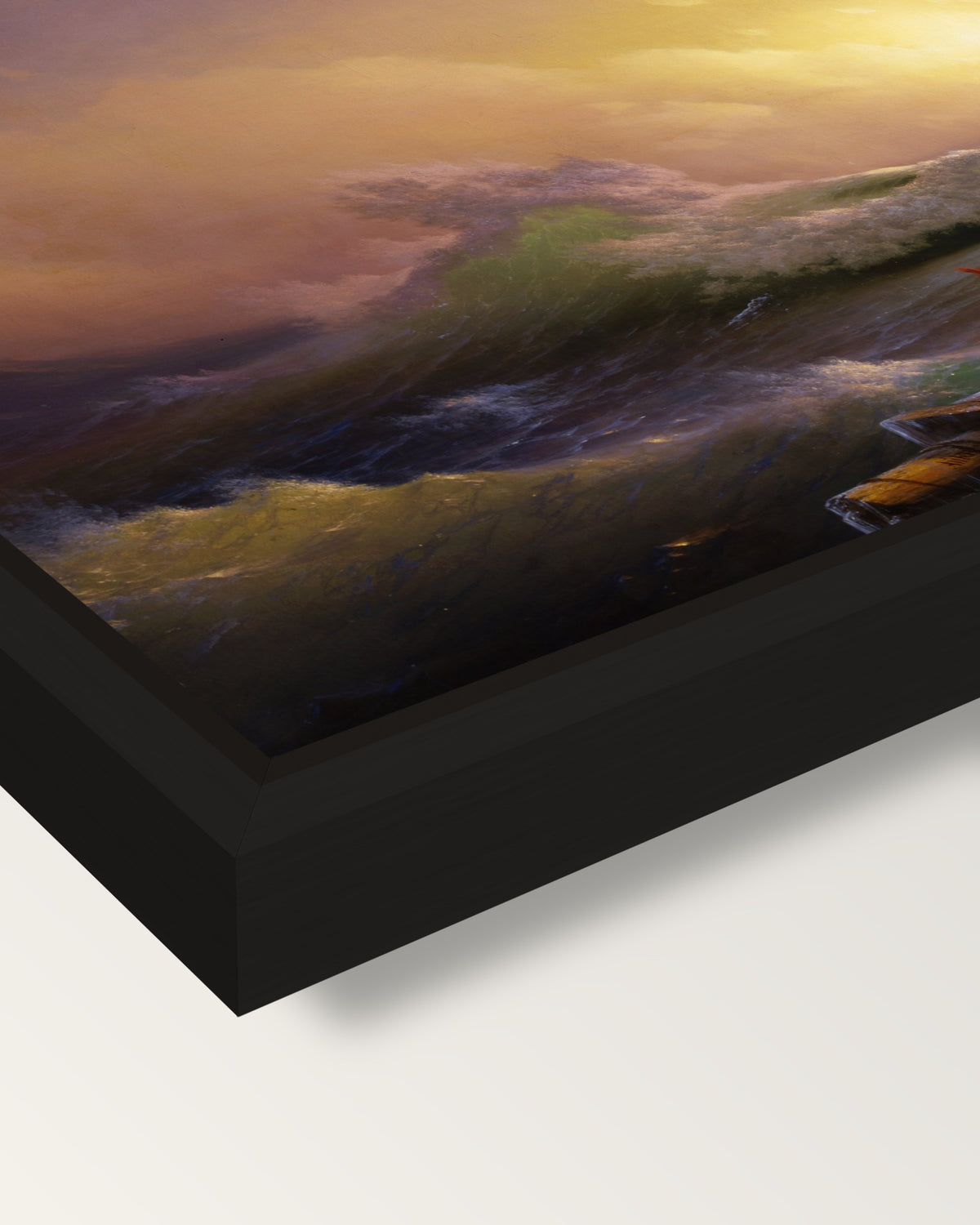 The Ninth Wave by Ivan Aivazovsky framed canvas, corner close-up: a black floating frame with a shadow gap round the canvas