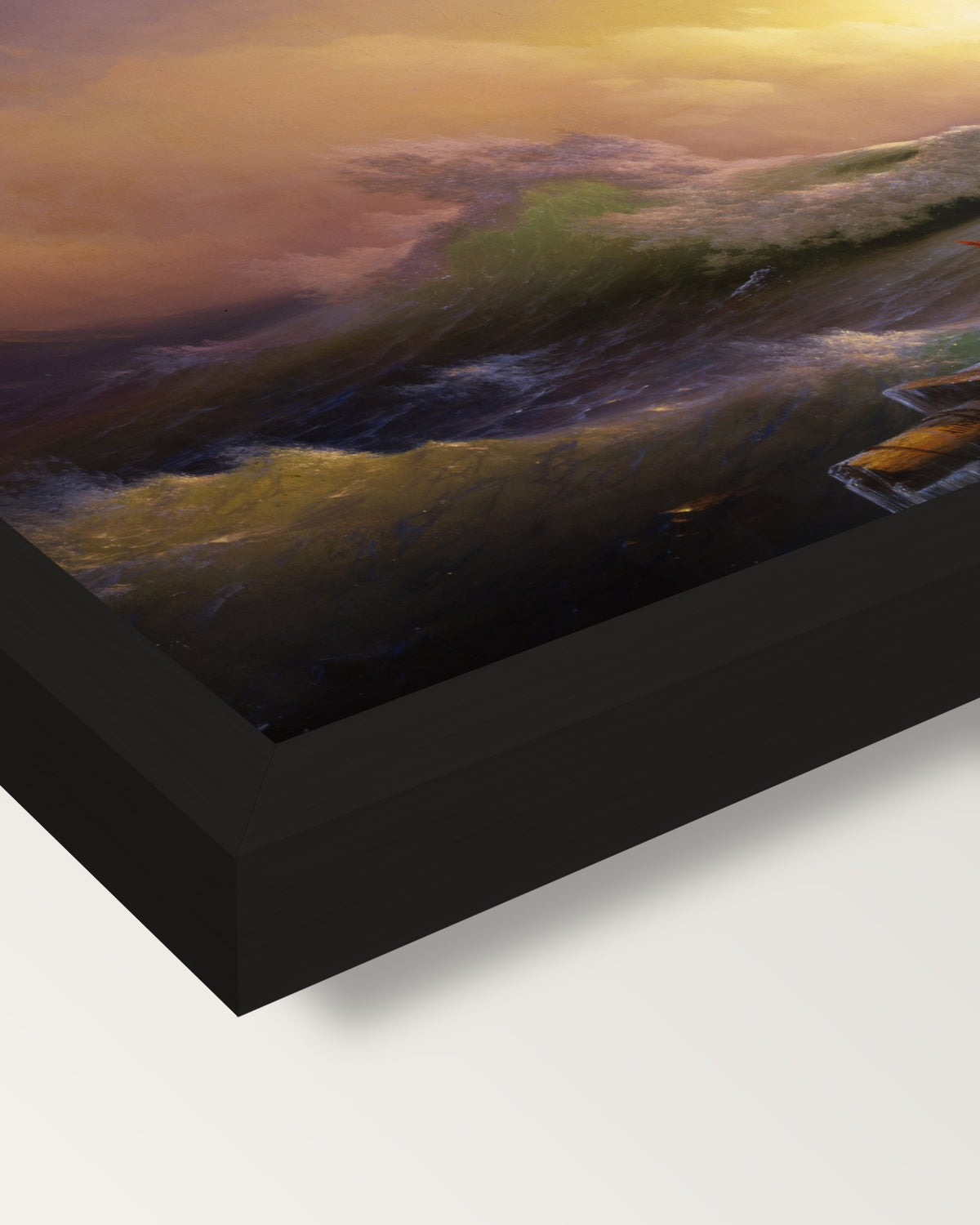 The Ninth Wave by Ivan Aivazovsky framed print, corner close-up: black moulding, mitred, the print set just below its edge