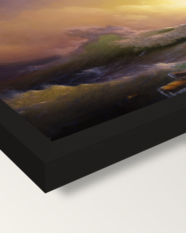 The Ninth Wave by Ivan Aivazovsky framed print, corner close-up: black moulding, mitred, the print set just below its edge