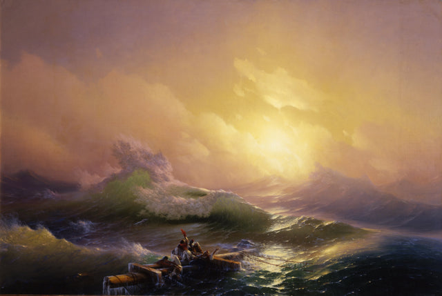 The Ninth Wave by Ivan Aivazovsky: survivors on a broken mast before a towering green wave under a glowing golden sky