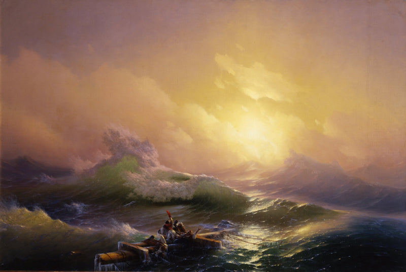 The Ninth Wave by Ivan Aivazovsky: survivors on a broken mast before a towering green wave under a glowing golden sky