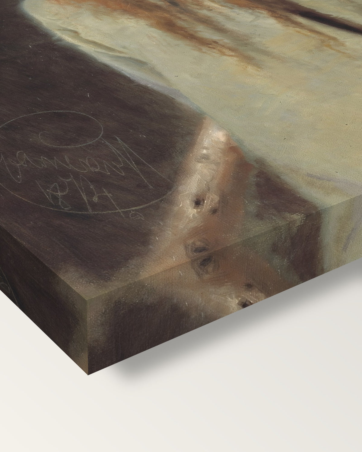 Forester by Ivan Kramskoi on stretched canvas, corner close-up: the painting mirror-wrapped round the sides