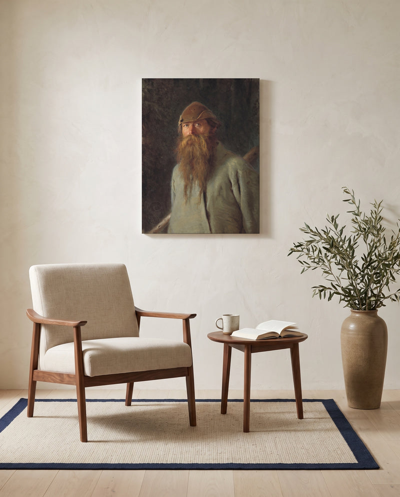 Forester by Ivan Kramskoi as a stretched canvas above a linen lounge chair in a reading corner