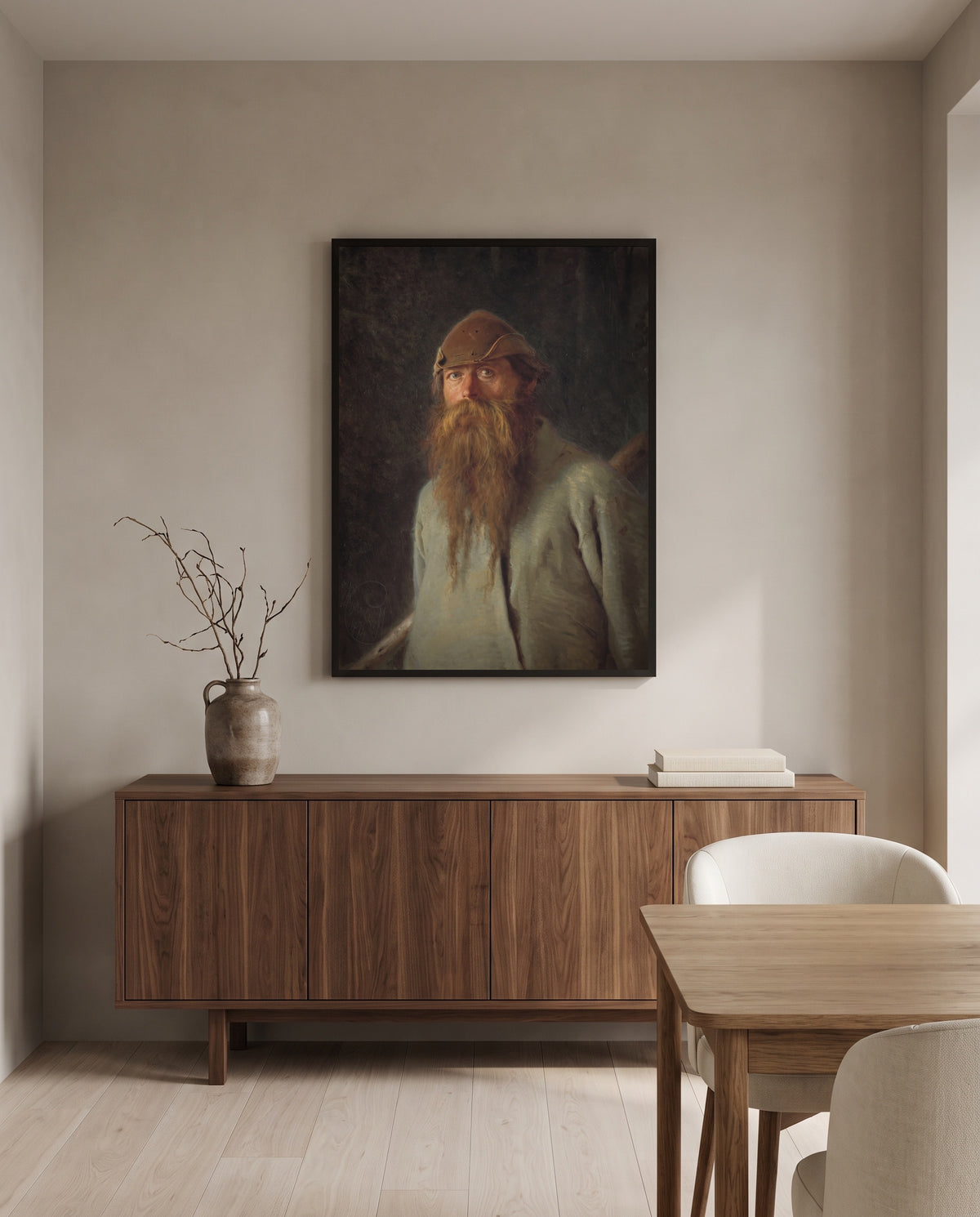 Forester by Ivan Kramskoi in a black frame above a walnut sideboard in a dining room