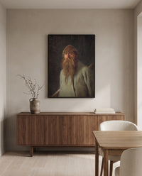 Forester by Ivan Kramskoi in a black frame above a walnut sideboard in a dining room