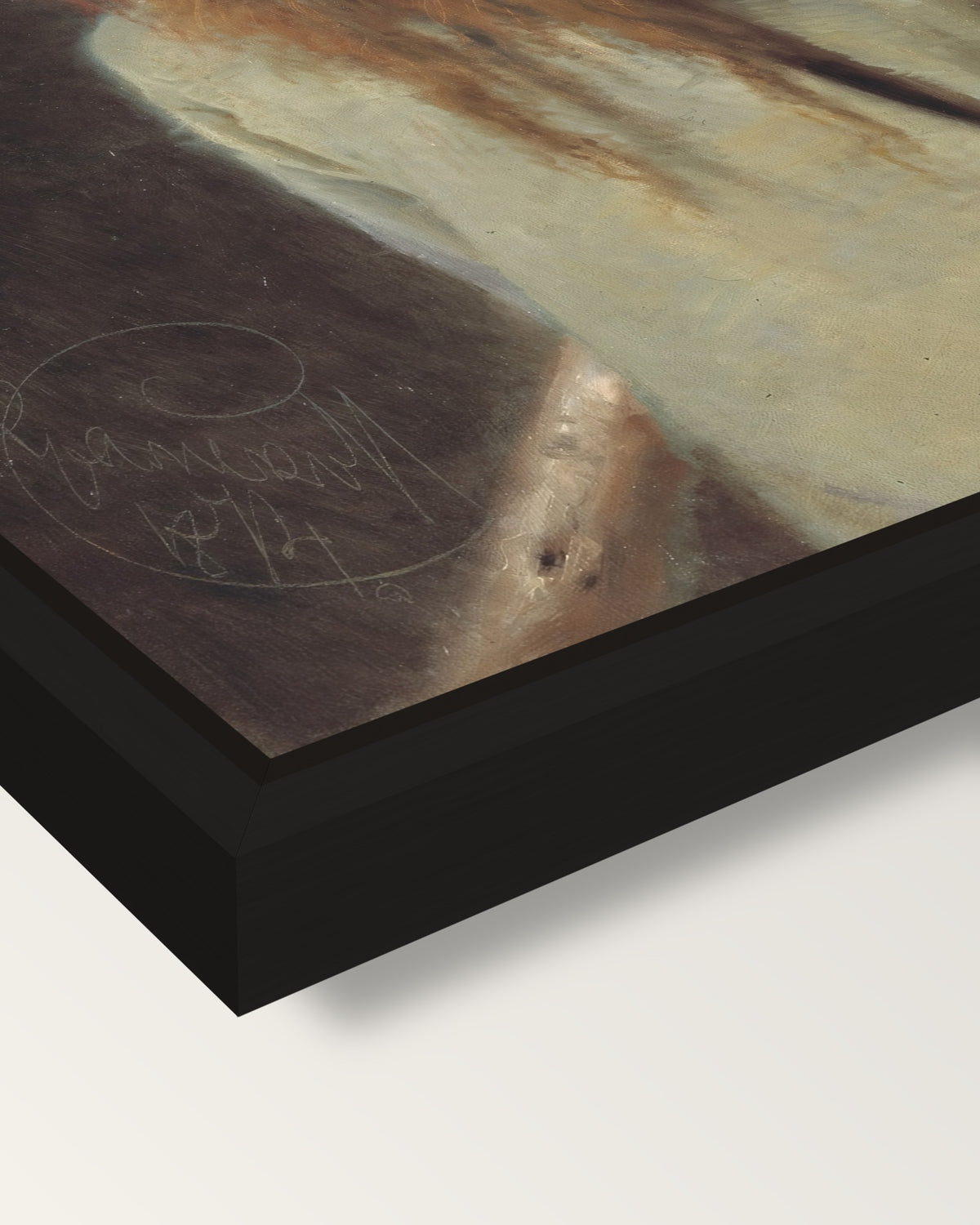 Forester by Ivan Kramskoi framed canvas, corner close-up: a black floating frame with a shadow gap round the canvas