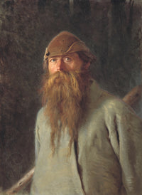 Forester by Ivan Kramskoi: a man with a long red beard and a battered cap, a club over his shoulder, against a dark forest
