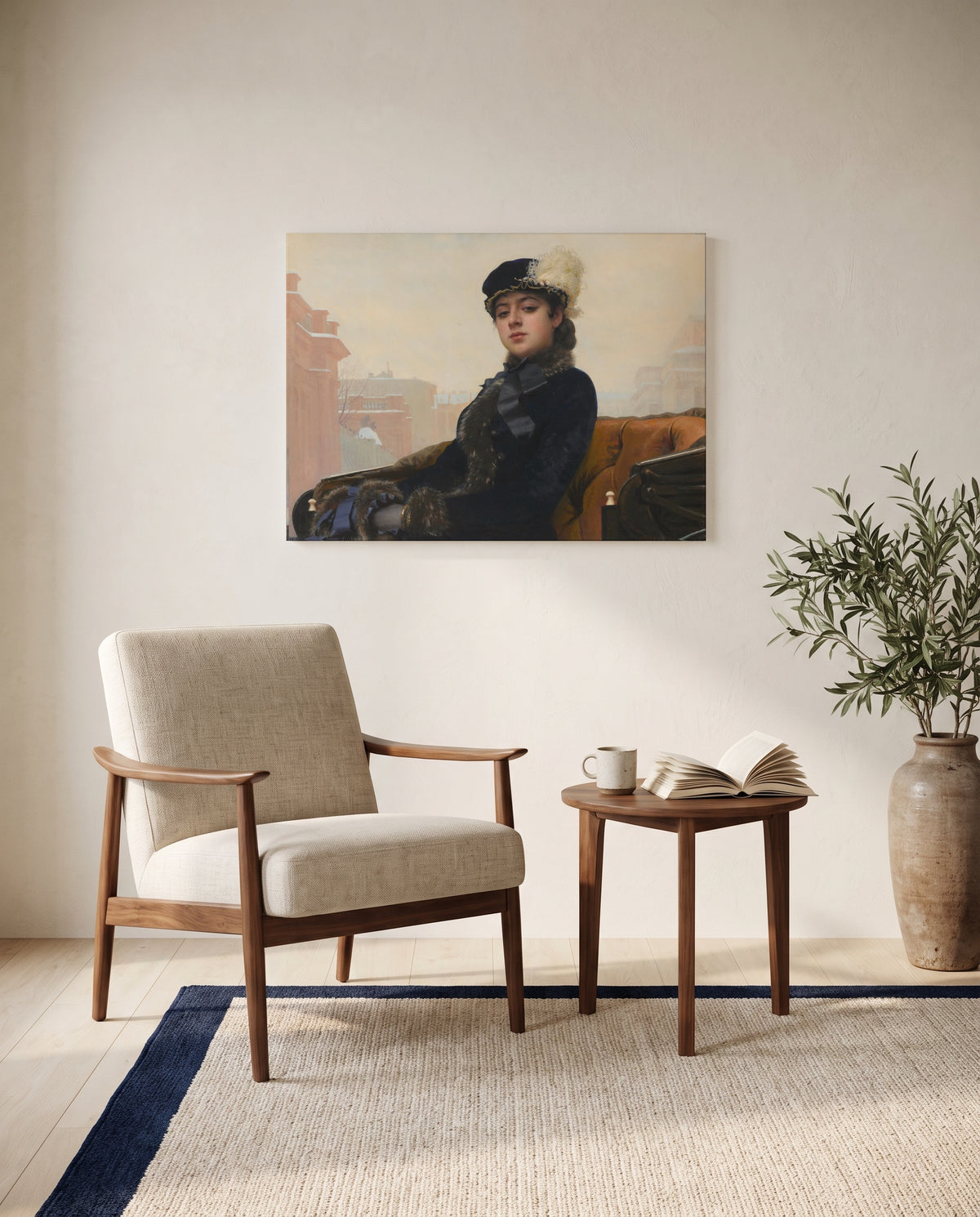 Unknown Woman by Ivan Kramskoi as a stretched canvas above a linen lounge chair in a reading corner