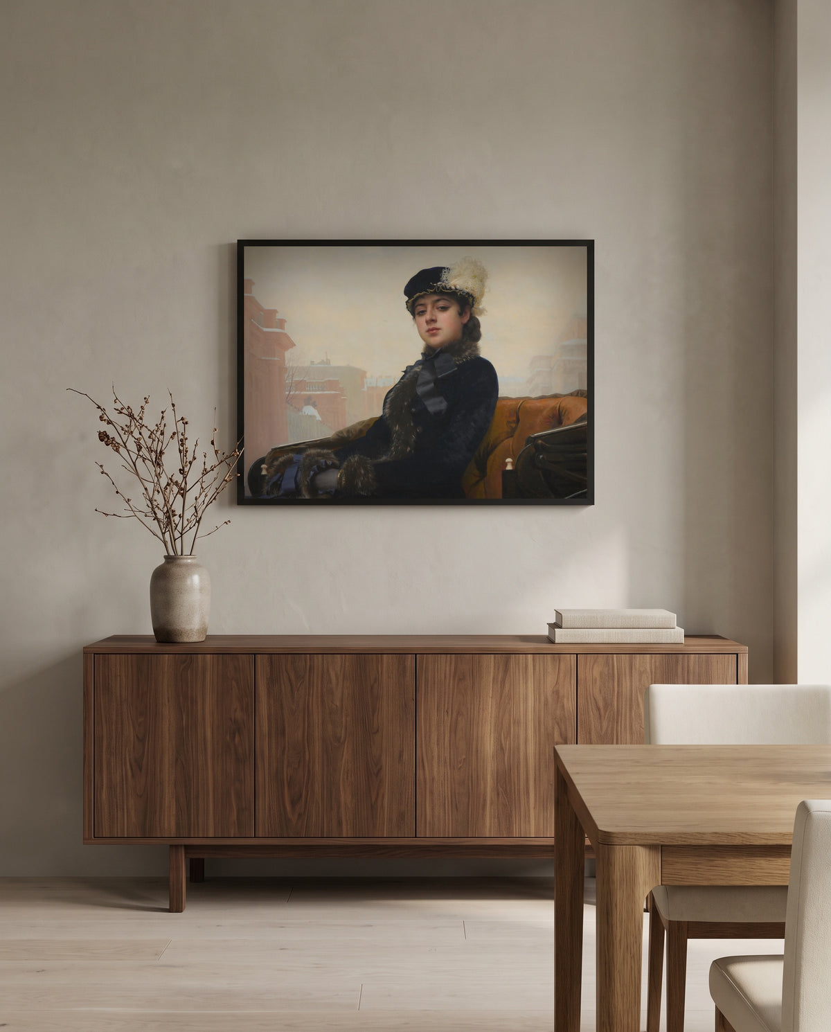 Unknown Woman by Ivan Kramskoi in a black frame above a walnut sideboard in a dining room