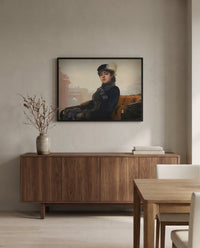 Unknown Woman by Ivan Kramskoi in a black frame above a walnut sideboard in a dining room