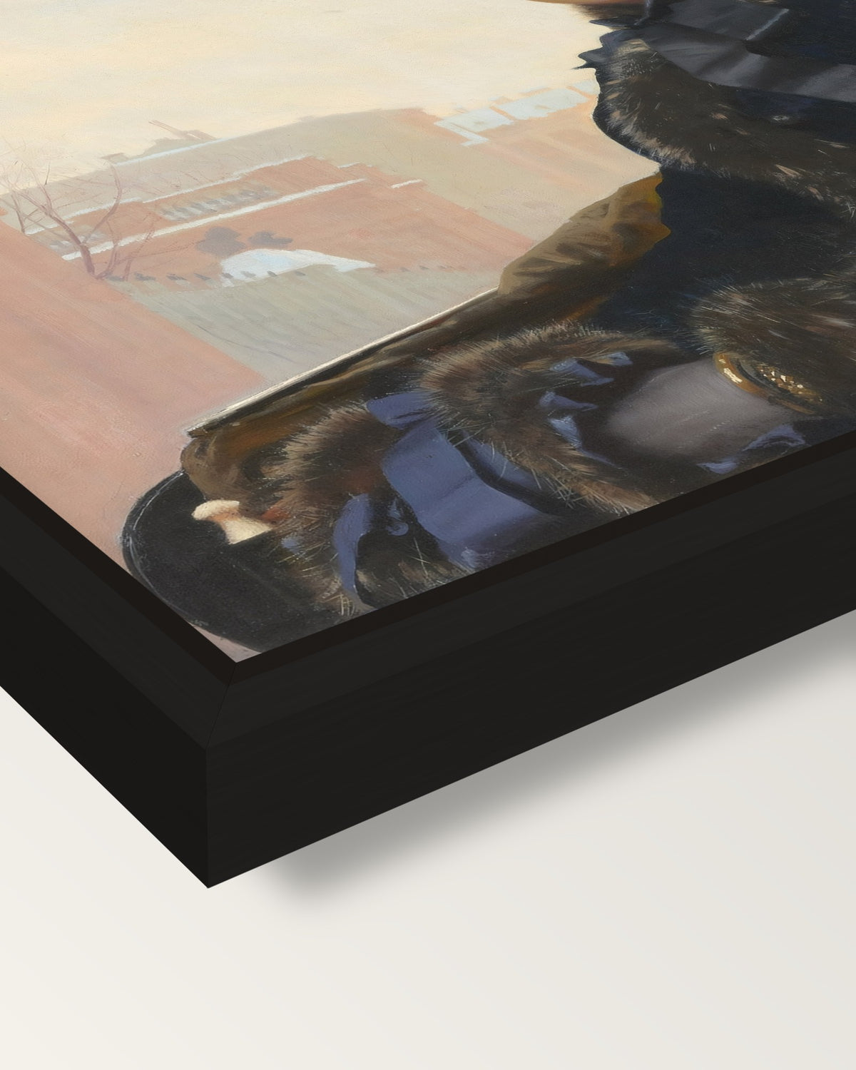 Unknown Woman by Ivan Kramskoi framed canvas, corner close-up: a black floating frame with a shadow gap round the canvas