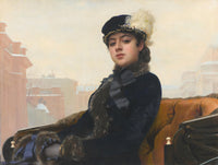 Unknown Woman by Ivan Kramskoi: a young woman in a velvet coat and feathered hat in an open carriage, a winter city behind