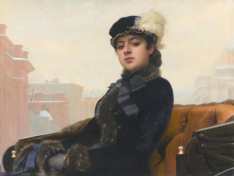 Unknown Woman by Ivan Kramskoi: a young woman in a velvet coat and feathered hat in an open carriage, a winter city behind