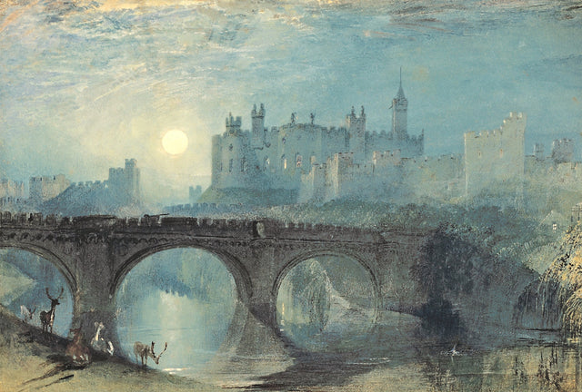 Alnwick Castle by Turner: a moonlit castle above a stone bridge and river, deer on the bank, in blue and silver