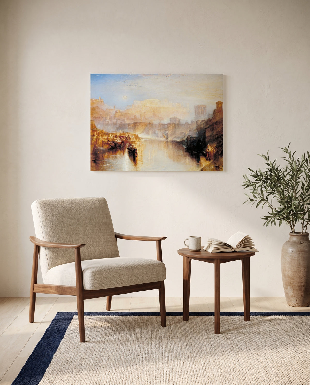 Ancient Rome: Agrippina by J. M. W. Turner as a stretched canvas above a linen lounge chair in a reading corner