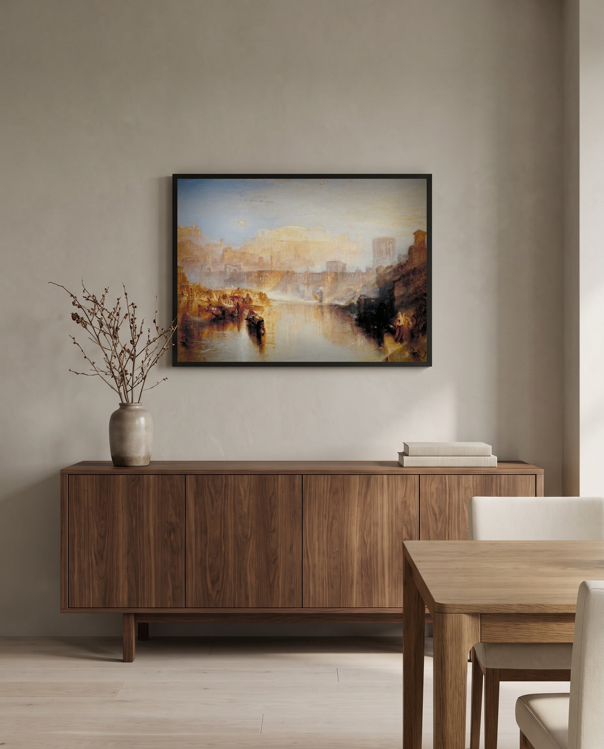 Ancient Rome: Agrippina by J. M. W. Turner in a black frame above a walnut sideboard in a dining room