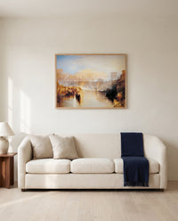 Ancient Rome: Agrippina by J. M. W. Turner framed in natural oak above a cream sofa in a warm living room