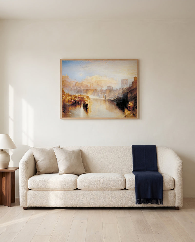 Ancient Rome: Agrippina by J. M. W. Turner framed in natural oak above a cream sofa in a warm living room