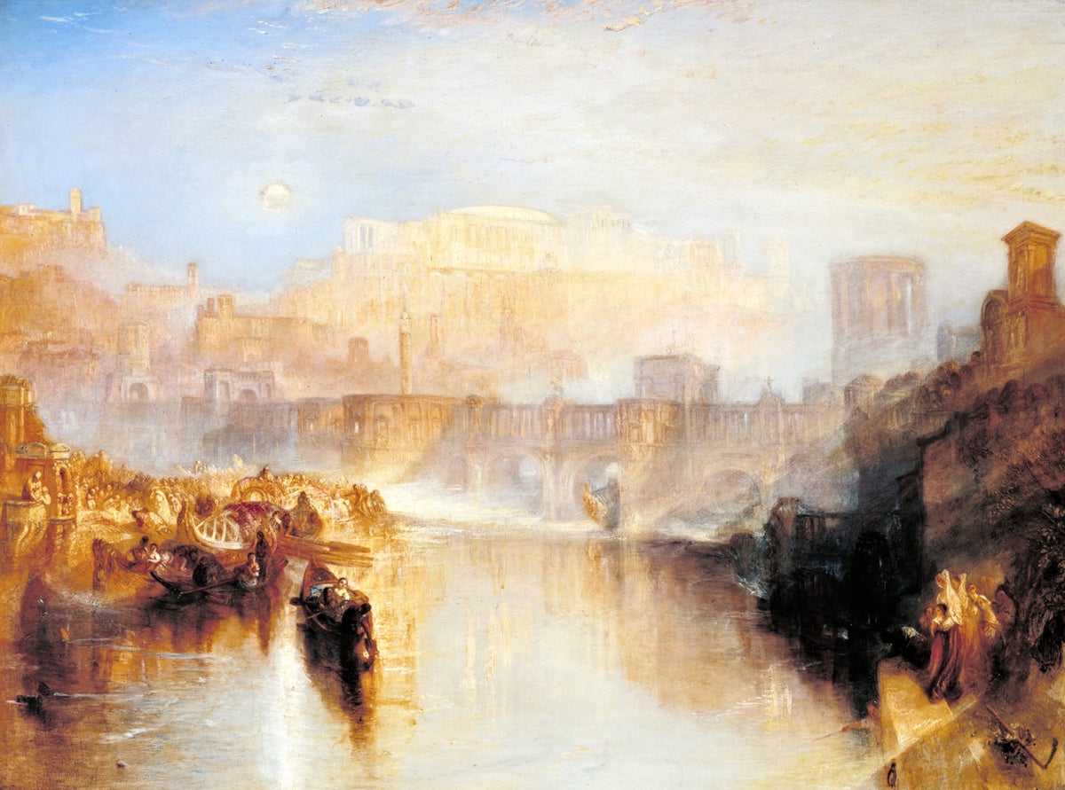 Ancient Rome by Turner: a golden classical city on a river, boats and mourners, a pale moon in the daytime sky